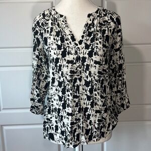 Gap‎ Black White 3/4 Sleeve V Neck Flowy Lightweight Summer Blouse Career XS